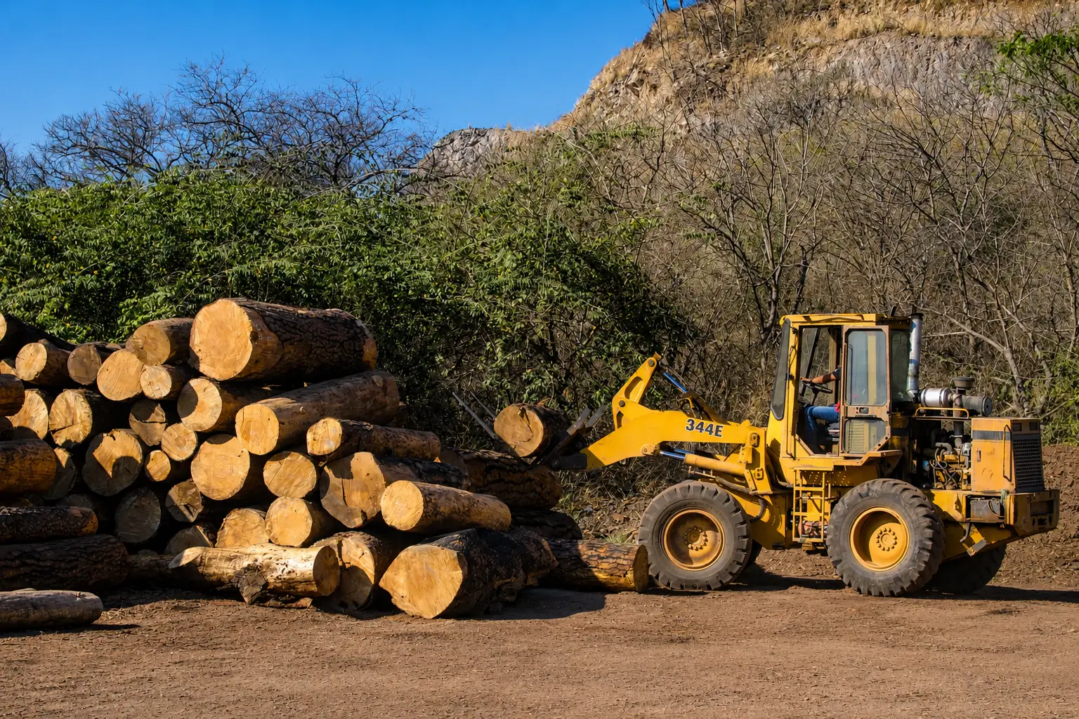 Tractor cargando troncos de madera, materia prima
