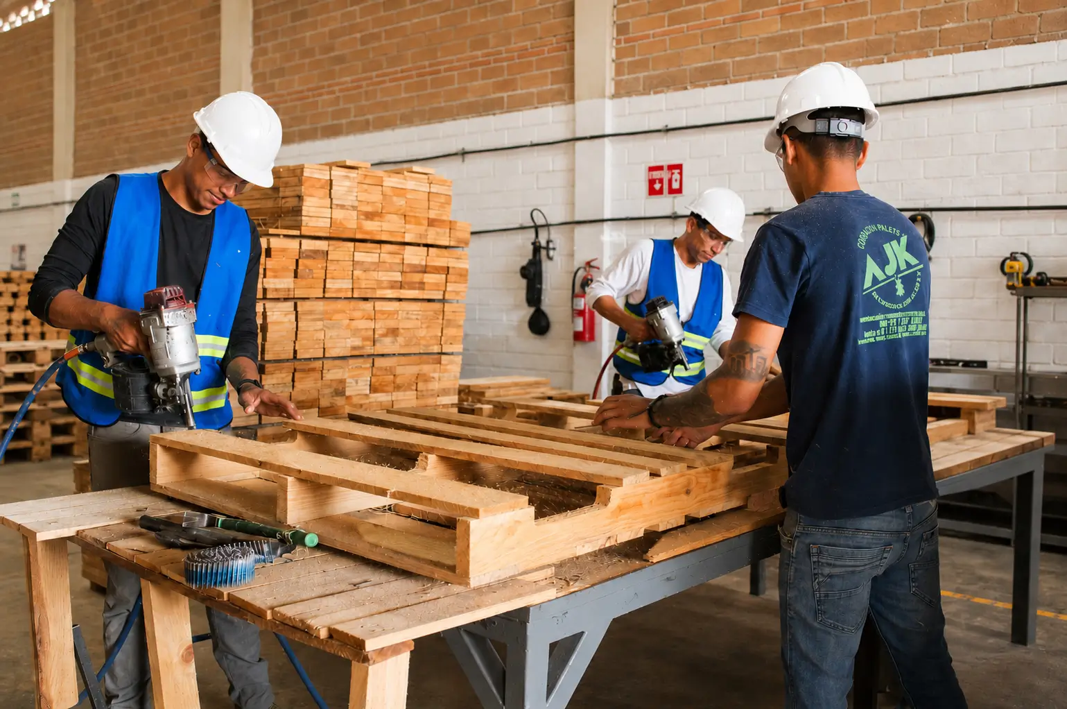 Trabajadores usando herramientas en el proceso de armado de pallets