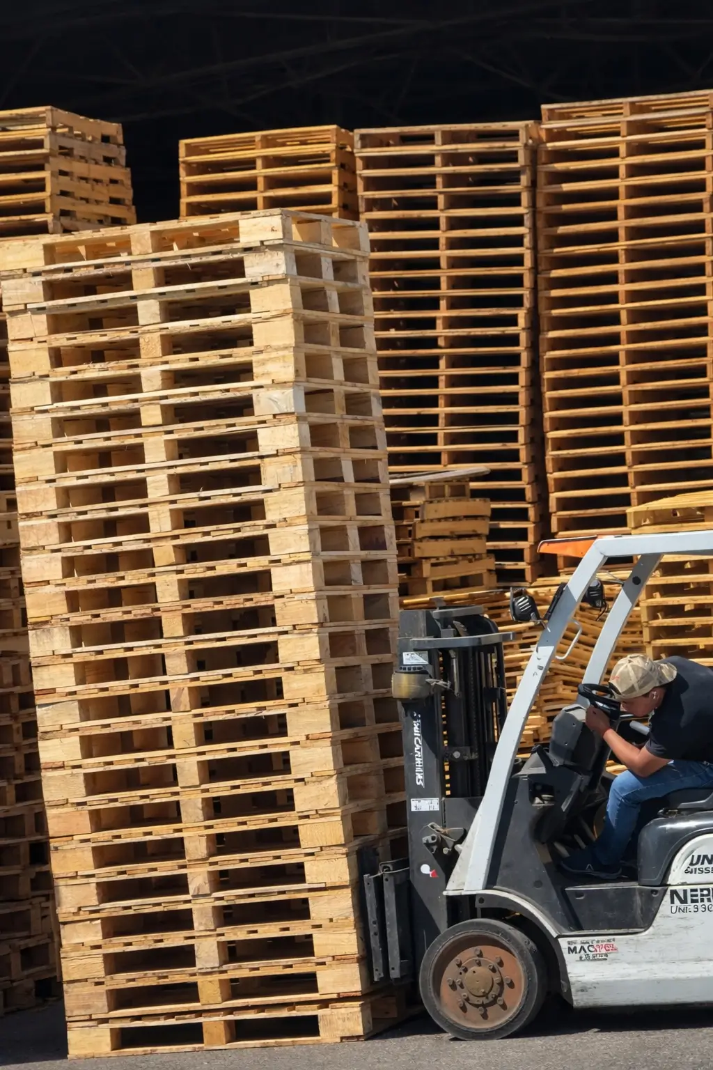 Carrito de carga organizando pallets en el galpón